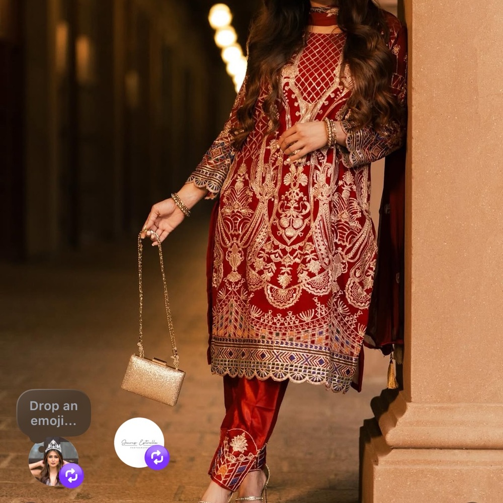 Elegant Red Long Sleeve Dress Pakistani Indian South Asian Fashion